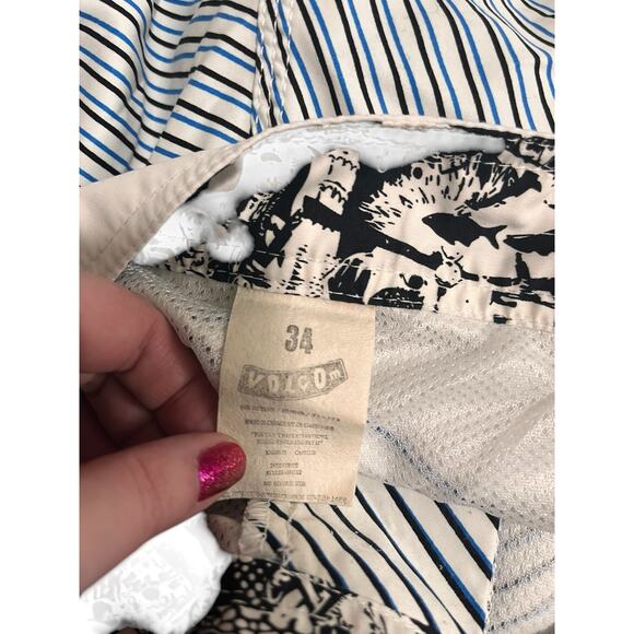 Volcom Mens White Blue Black Striped Swim Trunks Size 34 - Picture 6 of 6